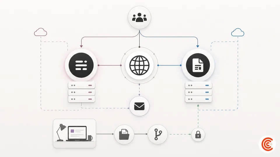 Two-platform publishing architecture connecting a local workspace to Ghost and WordPress