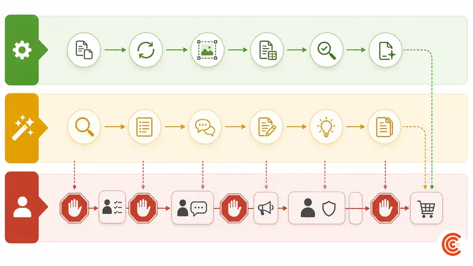 Green, amber, and red map of which publishing tasks AI should automate