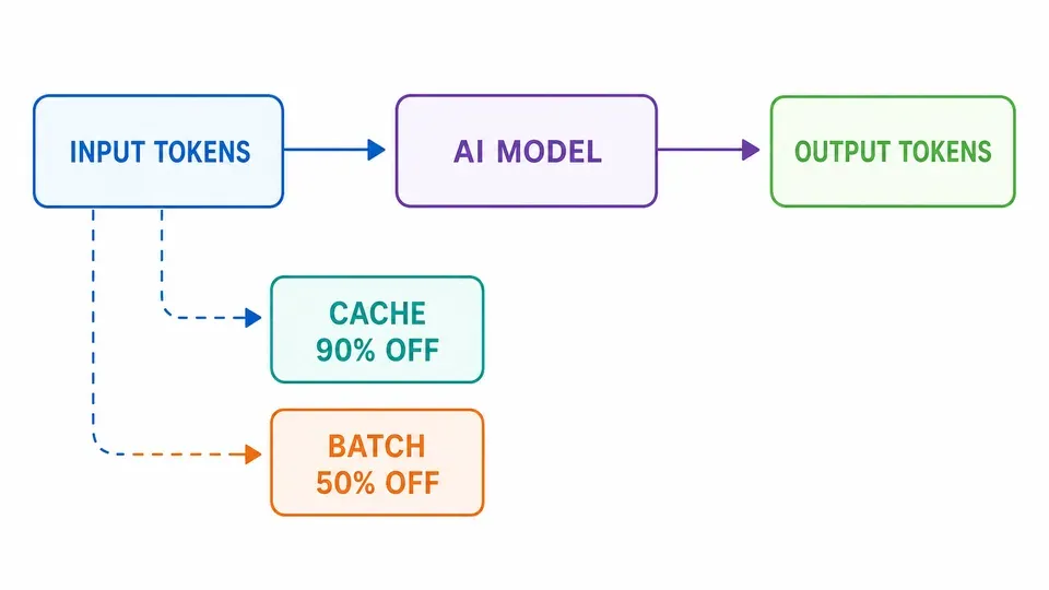 Diagram of how AI API input and output token pricing works with caching and batch discounts