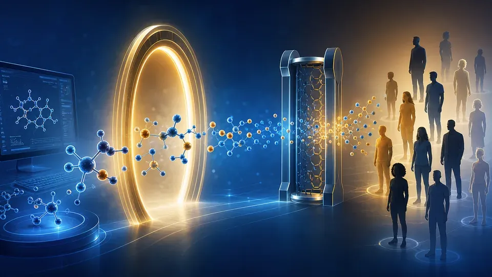 A drug development pipeline where the early discovery stages glow and move fast while the later clinical stages slow into a bottleneck, illustrating where AI helps and where it doesn't