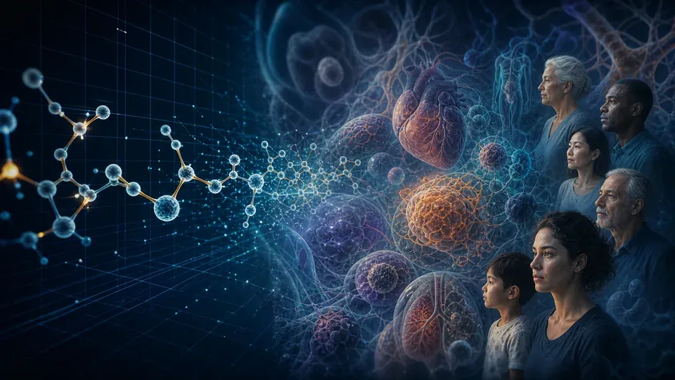 A machine easily mass-producing molecules on one side and a hand struggling to test one against living tissue on the other, illustrating why molecule design is easy for AI but target biology is hard