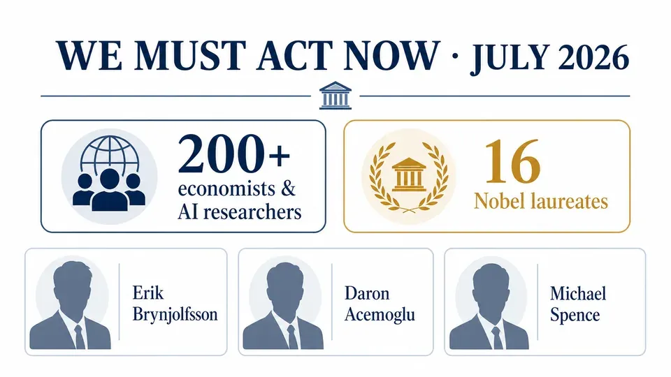 Illustration of the 'We Must Act Now' statement showing 200-plus signatories and 16 Nobel laureates including Acemoglu and Brynjolfsson