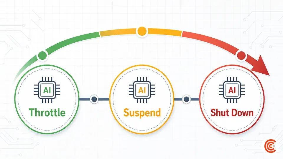 A three-stage control dial showing the escalating capabilities the AI Kill Switch Act would require — throttle, then suspend, then full shutdown — for powerful AI models