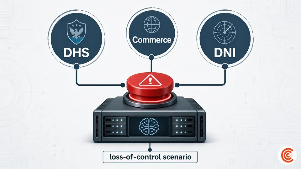 A diagram showing three agencies — DHS, Commerce, and the Director of National Intelligence — jointly connected to a shutdown control over an AI system, triggered by a loss-of-control scenario