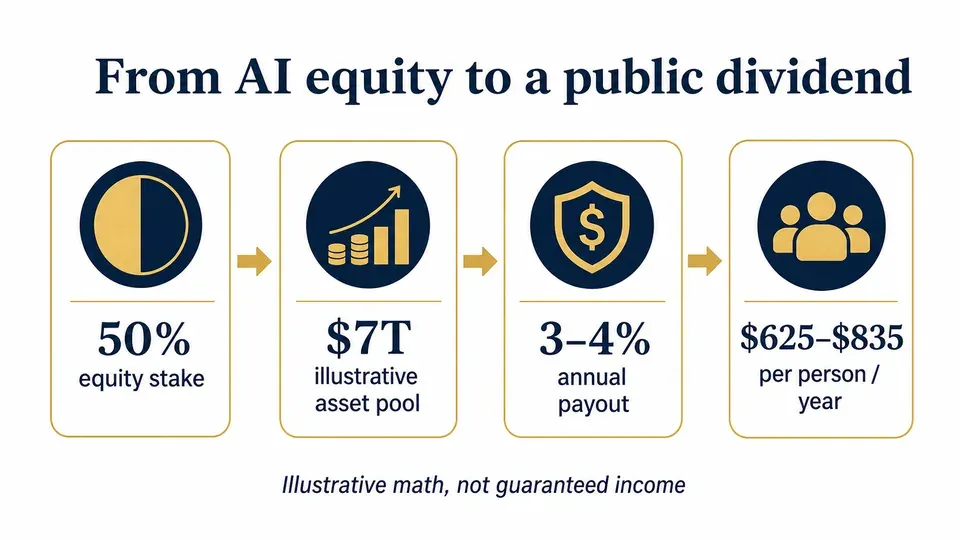 Flow infographic showing how a proposed 50% public AI equity stake could translate into an illustrative annual dividend of $625 to $835 per person