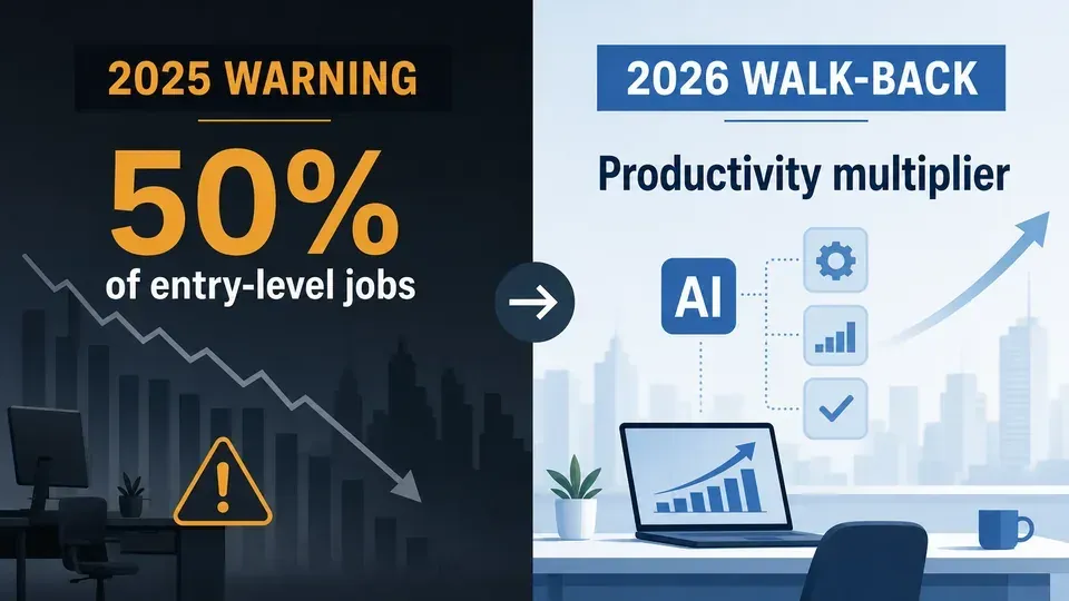 Before-and-after split panel contrasting the 2025 warning that AI could cut 50% of entry-level jobs with the 2026 reframing of AI as a productivity multiplier