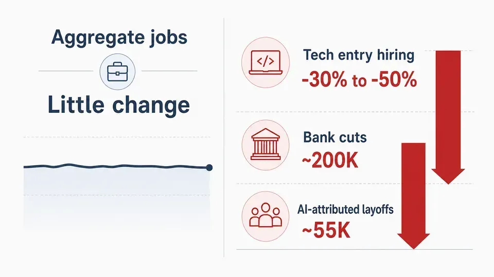Chart contrasting flat aggregate employment with sharp entry-level declines: tech hiring down 30-50%, 200,000 bank cuts, and 55,000 AI-attributed layoffs