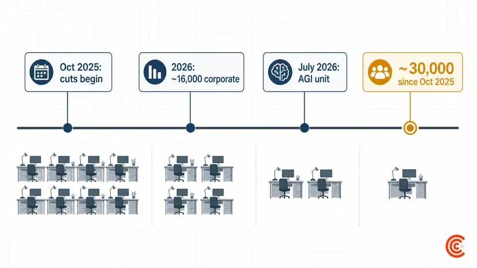 A timeline infographic of Amazon's 2025-2026 job cuts, from the October 2025 start through roughly 16,000 corporate roles and the July 2026 AGI unit layoffs, totaling about 30,000 since October 2025