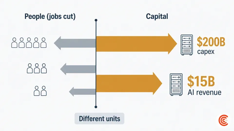 A diverging bar chart contrasting Amazon's job cuts on the left against far larger AI capital spending and revenue on the right, illustrating that Amazon's AI money is growing even as headcount shrinks