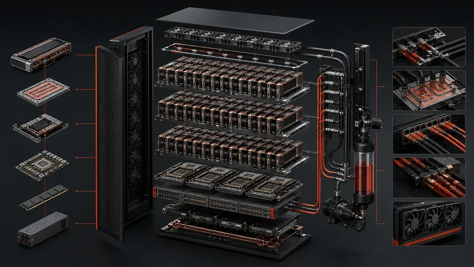 An exploded diagram of an AI server rack showing GPUs, CPUs, networking, and liquid cooling, illustrating what rack-scale AI systems bundle together