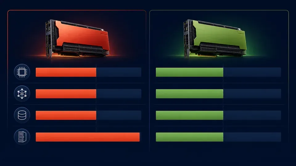 Two nearly-equal groups of performance bars in red and green, illustrating how AMD MI455X and Nvidia Rubin trade the lead across compute metrics