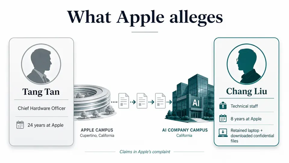Infographic summarizing Apple's allegations against two former employees now at OpenAI, showing confidential files flowing between the companies