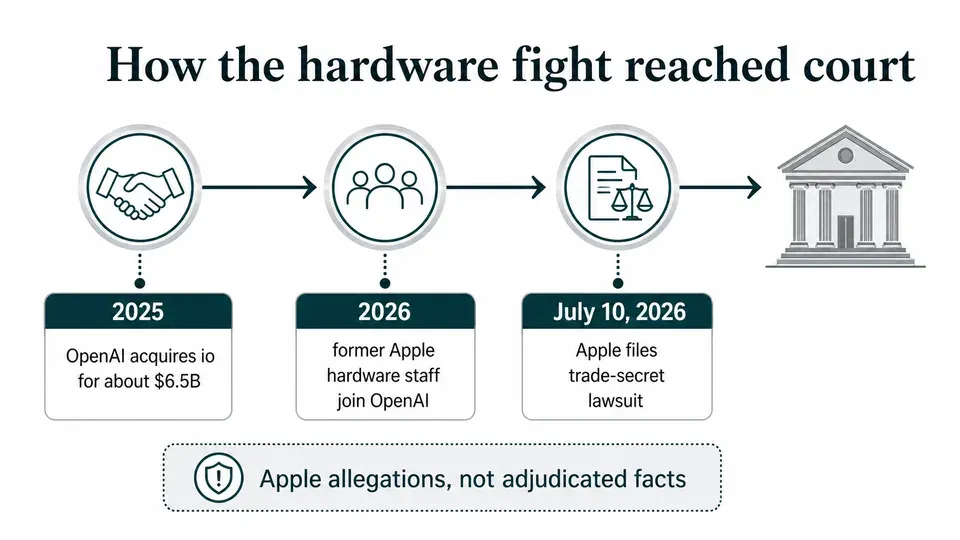 Timeline linking OpenAI's $6.5 billion io acquisition, former Apple hardware hires, and Apple's July 2026 trade-secret lawsuit