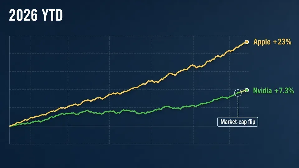 Line chart showing Apple up about 23% year-to-date crossing above Nvidia at about 7% in 2026, illustrating why the two stocks swapped the most-valuable-company title