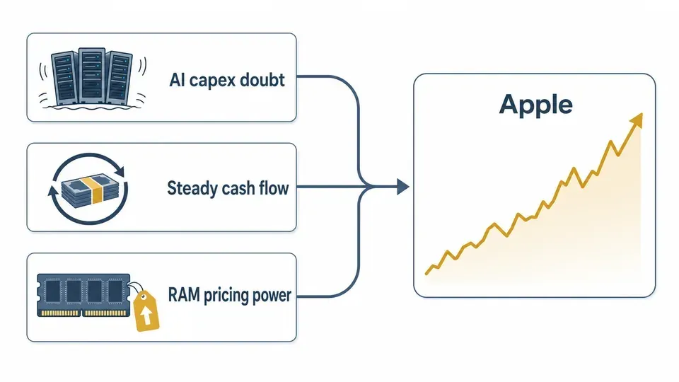 Diagram showing AI capex doubt, steady cash flow, and RAM-shortage pricing power feeding Apple's rising stock, explaining why Apple overtook Nvidia