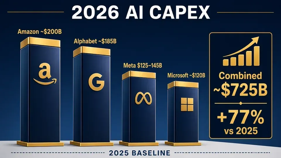 Four rising spending towers of different heights against a lower 2025 baseline, illustrating each hyperscaler's 2026 AI capex and the steep 77% year-over-year increase