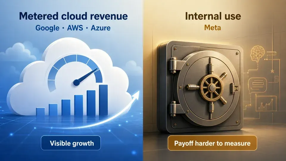 A cloud with a visible revenue meter beside a closed vault marked internal use, illustrating why metered cloud AI revenue reassures investors more than unmetered internal AI spending