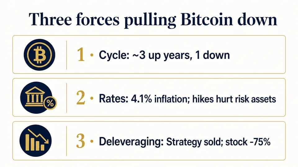 Infographic showing Bitcoin's three bear-market drivers: the four-year cycle, inflation and rate hikes, and forced deleveraging by Strategy