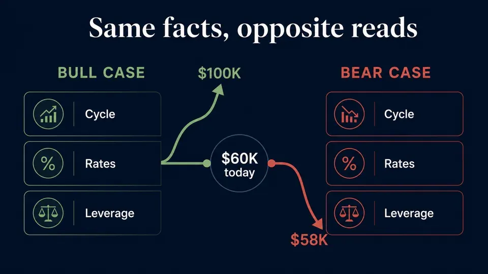 Comparison graphic showing the bull case for a Bitcoin rebound to $100,000 versus the bear case for a bottom near $58,000, across cycle, rates, and leverage