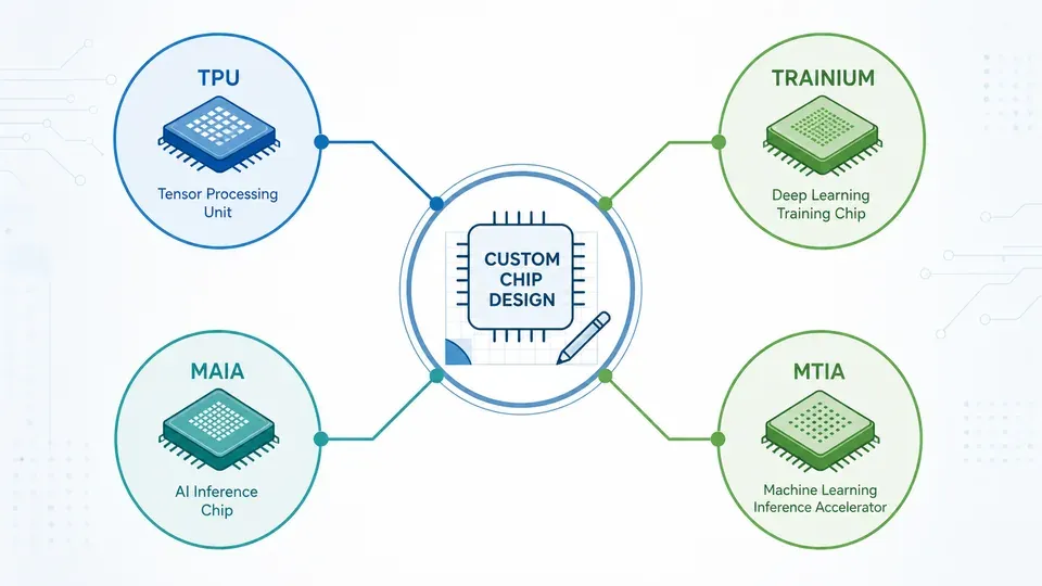 Diagram showing hyperscaler custom AI chips branching from a central chip-design hub