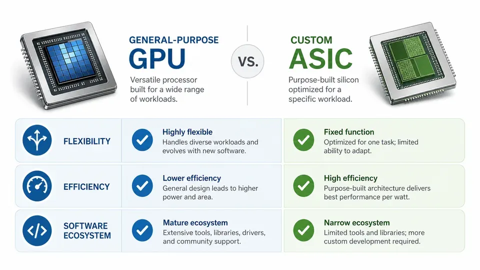 Comparison infographic of Nvidia GPU versus custom AI ASIC across flexibility, efficiency and software