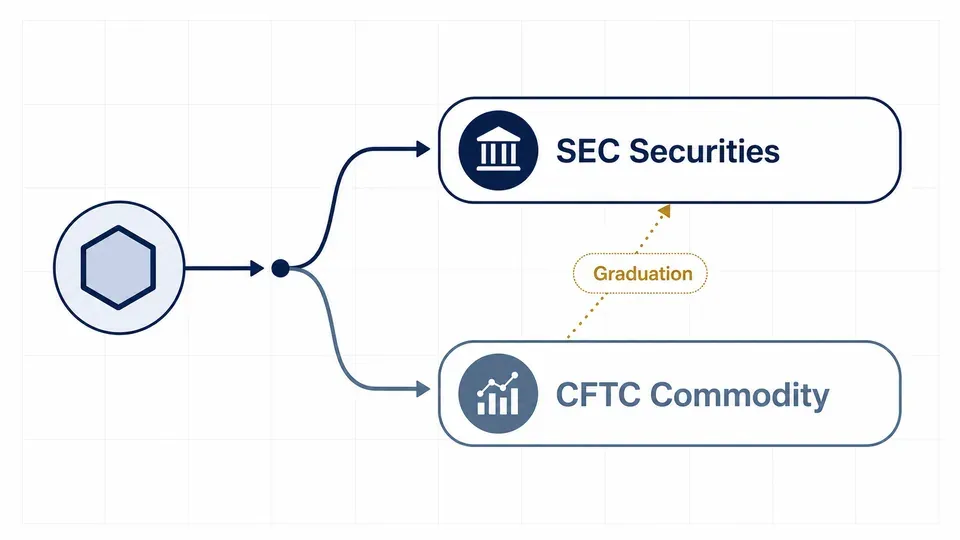 A two-lane diagram showing a crypto token routed to either the SEC securities lane or the CFTC commodity lane, with a graduation arrow between them under the CLARITY Act
