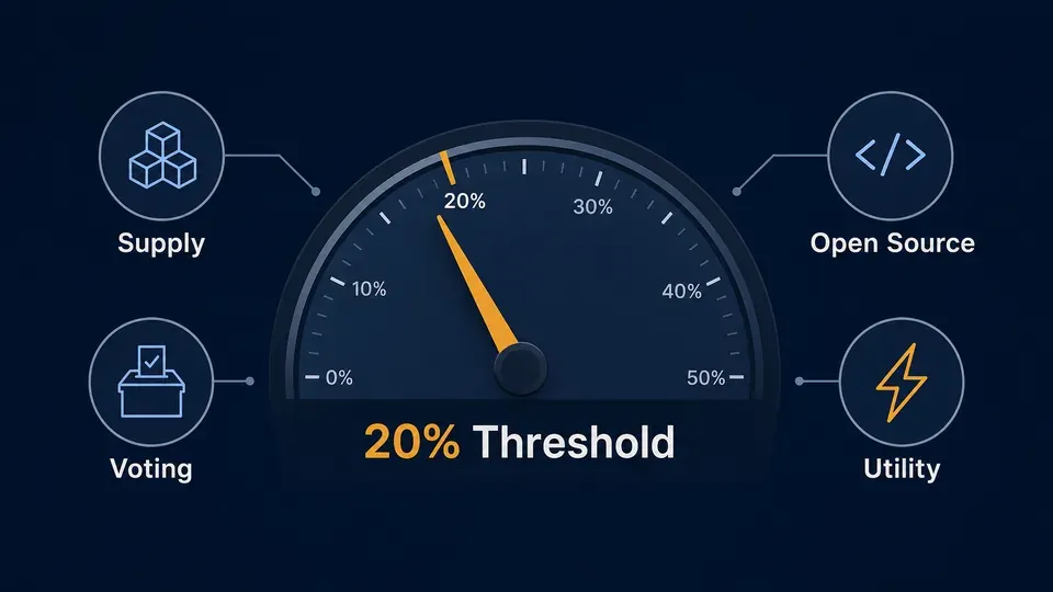 A gauge pointing toward a 20% threshold surrounded by icons for supply, voting, open-source code, and utility, illustrating the CLARITY Act decentralization test