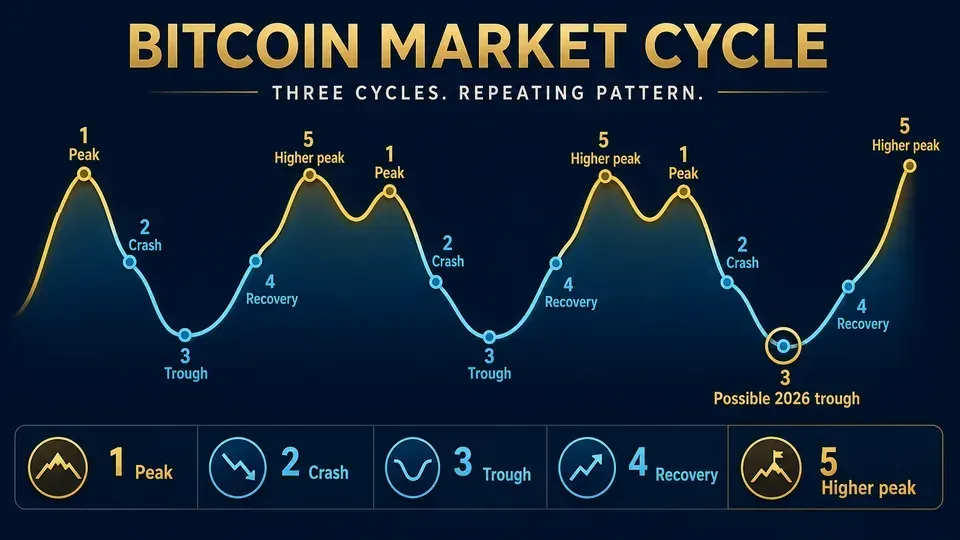 A repeating wave timeline of Bitcoin peaks, crashes, and recoveries with the current 2026 trough highlighted, illustrating the four-year cycle argument for a bottom near $60,000