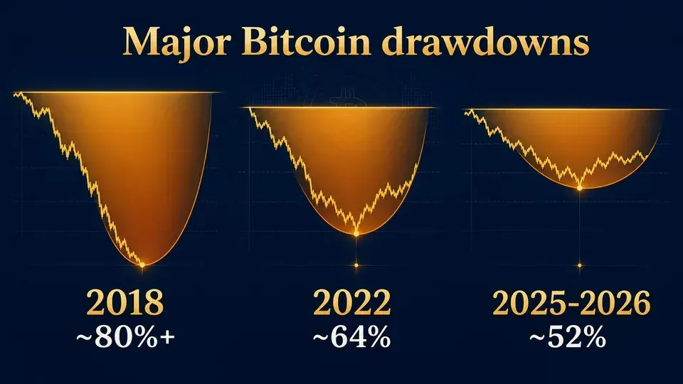 Three descending bars of different depths comparing Bitcoin's 2018, 2022, and 2026 drawdowns, with the 2026 drop visibly the shallowest at about 52 percent