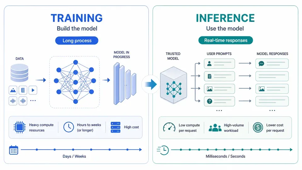 Diagram contrasting AI training (building the model) with inference (running the model to answer prompts), showing why inference is the higher-volume workload