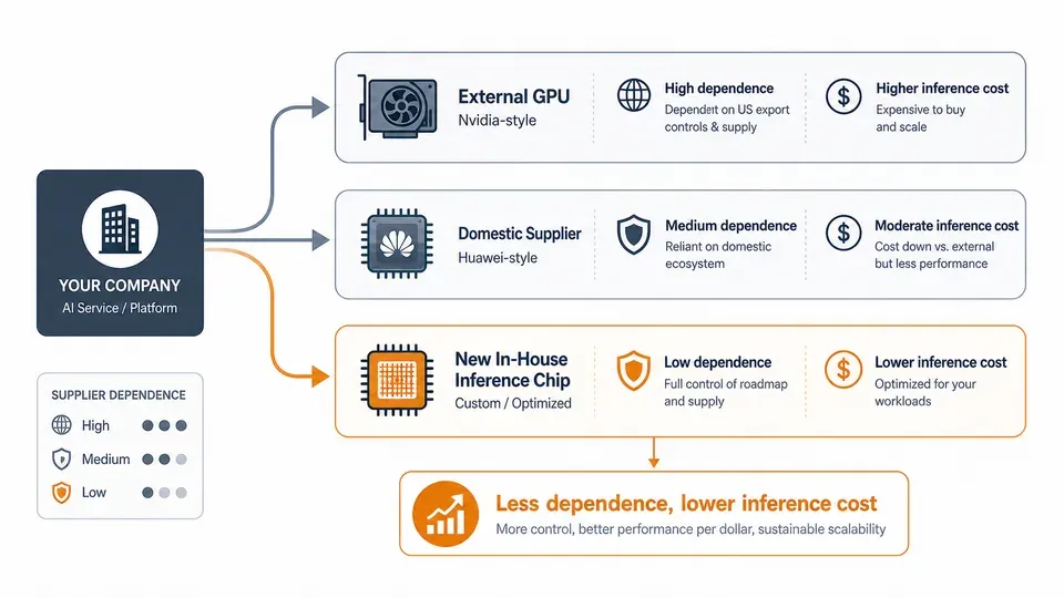 Illustration showing DeepSeek reducing dependence on both Nvidia and Huawei by building its own inference chip