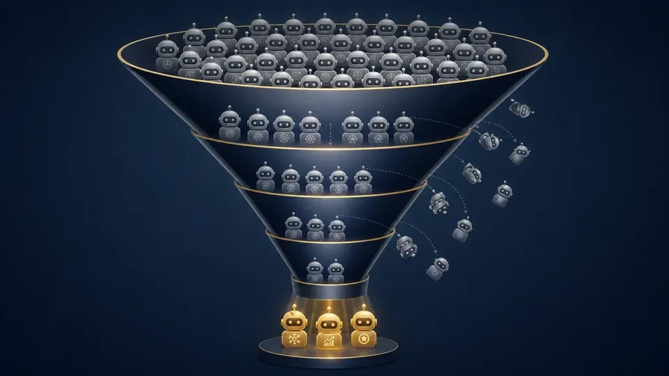 A funnel showing many AI agent projects entering and only a few emerging successfully, illustrating the high enterprise AI failure rate