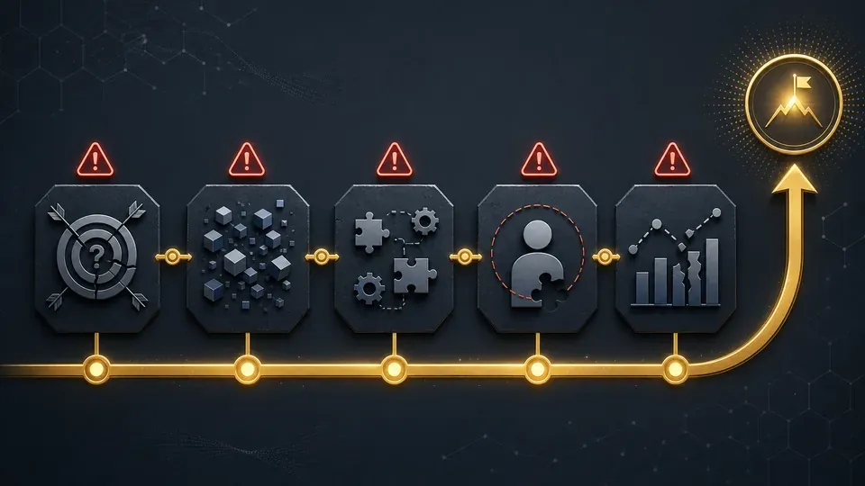 An unstable tower of five warning blocks that a small robot tries to climb, illustrating the five root causes of enterprise AI project failure