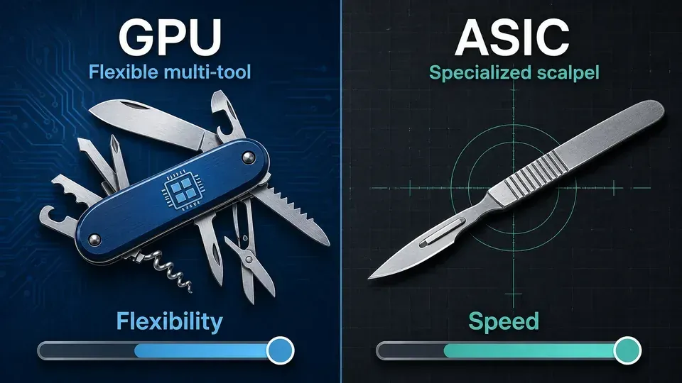 A GPU depicted as a multi-tool versus a specialized ASIC depicted as a single precision scalpel, illustrating the flexibility-versus-speed trade-off between general-purpose and transformer-only chips