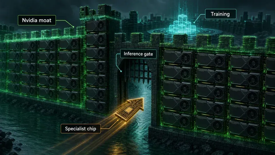 A small fast chip slipping through a narrow inference gate in a fortress wall built of GPUs, illustrating how a specialized chip might breach one corner of Nvidia's dominant moat