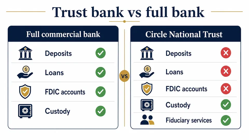 Comparison infographic showing a national trust bank can custody assets but cannot take deposits or make loans like a full bank