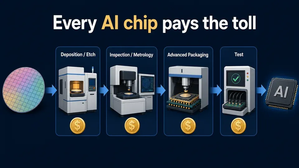 Flow diagram showing an AI wafer passing through deposition, inspection, packaging and test stages, each collecting equipment revenue
