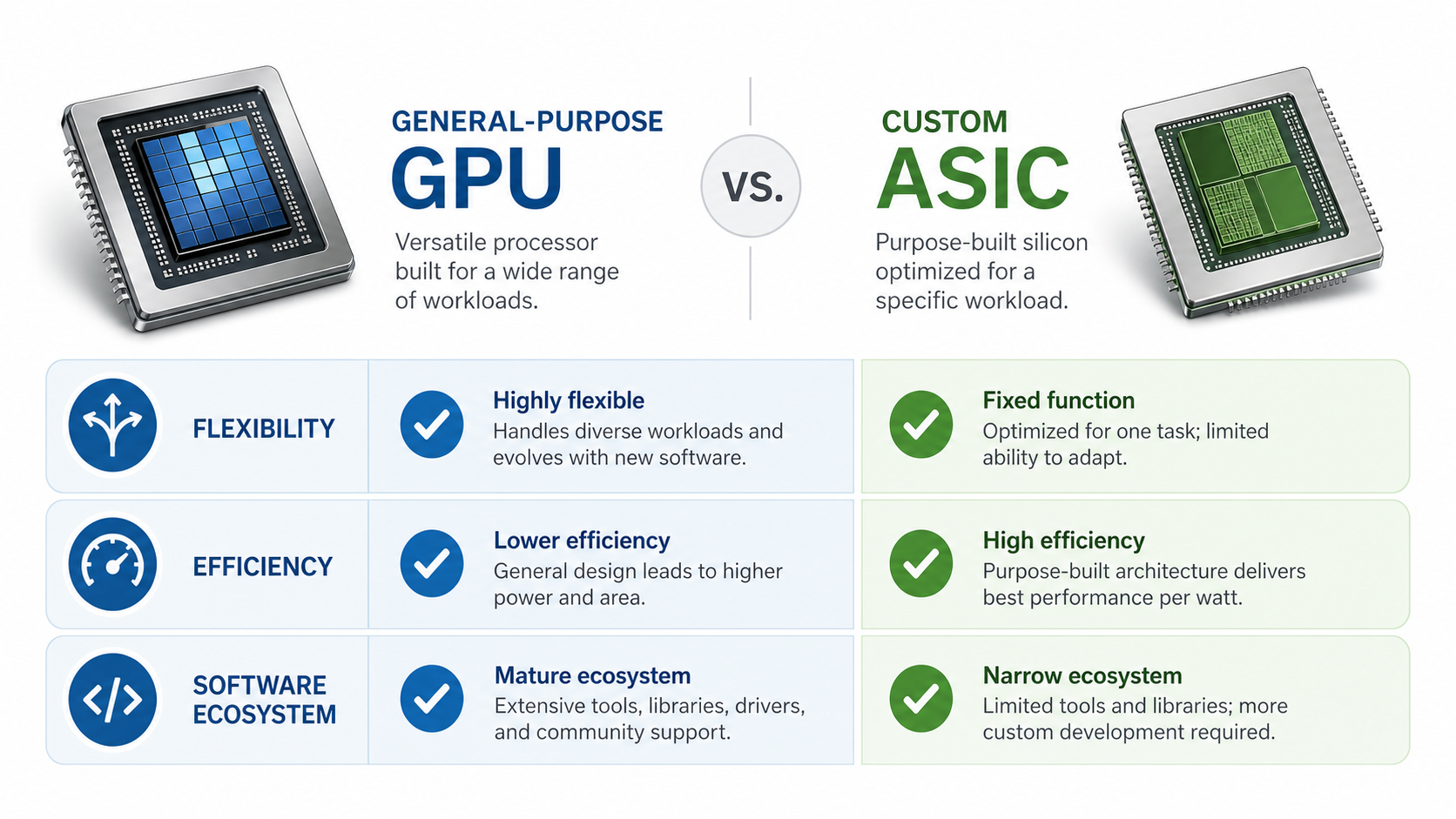Comparison infographic of Nvidia GPU versus custom AI ASIC across flexibility, efficiency and software