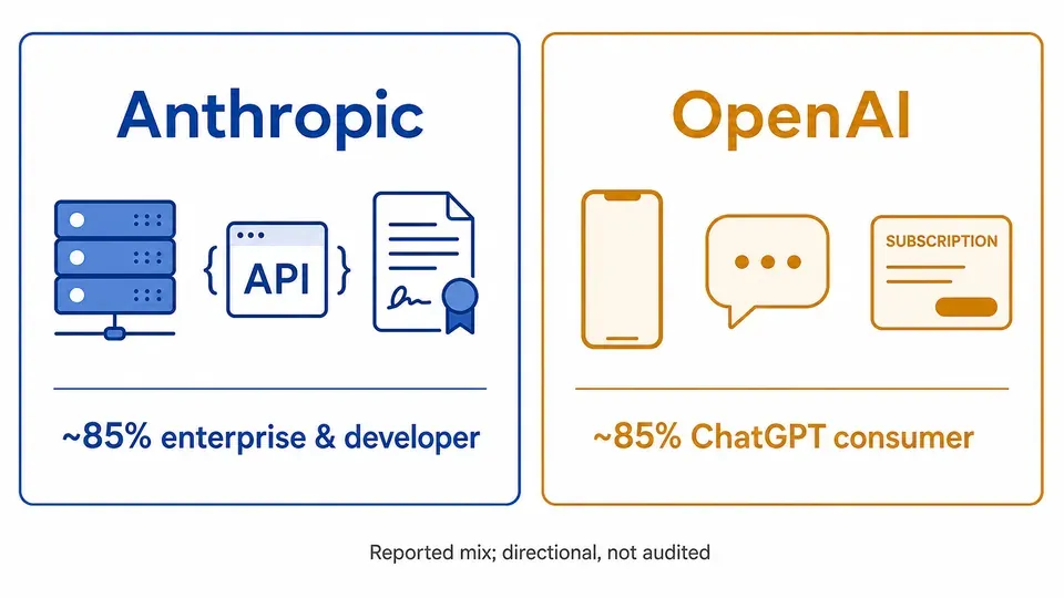 Infographic comparing Anthropic's enterprise API revenue mix with OpenAI's consumer subscription revenue mix
