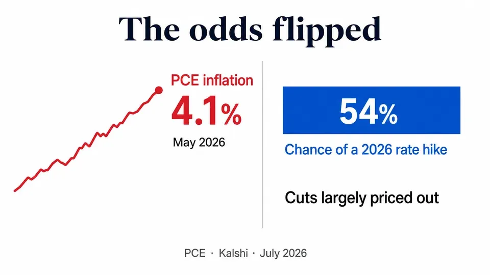 Chart showing PCE inflation at 4.1% alongside a 54% probability of a 2026 Fed rate hike versus a much lower chance of a cut