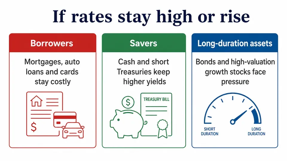 Three-column infographic explaining how higher-for-longer interest rates affect borrowers, savers, and long-duration assets