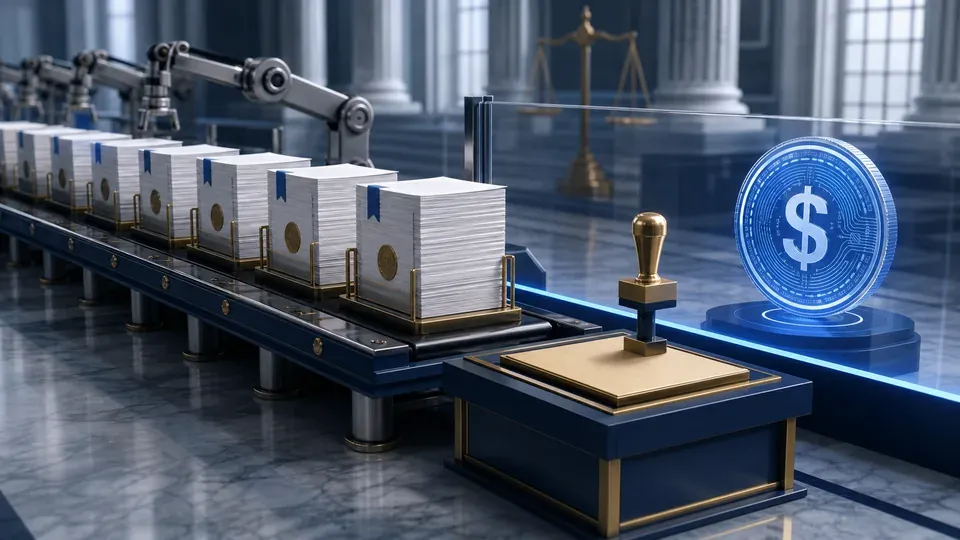 A timeline showing the GENIUS Act signed in July 2025, a missed rulemaking deadline in July 2026, and an effective date in January 2027, with a compliance gap highlighted in between