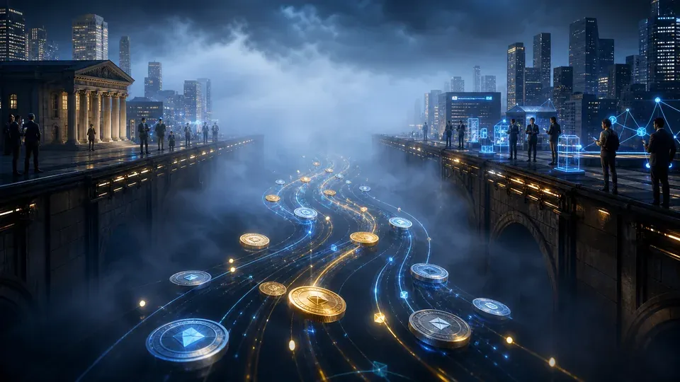 Two dominant stablecoins outweighing smaller competitors on a scale against rising volume bars, illustrating USDT and USDC controlling about 83% of a $316 billion stablecoin market