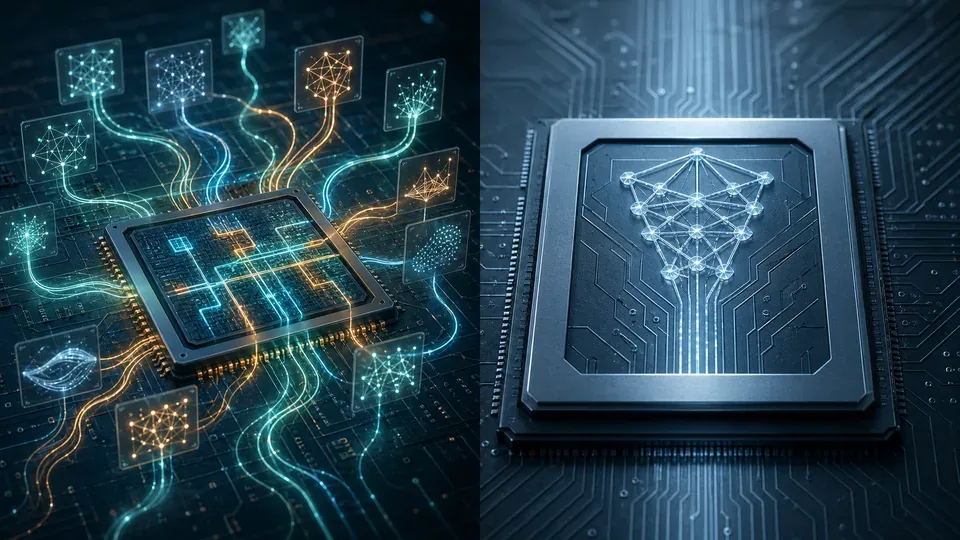 A flexible chip loading model weights from memory versus a chip with the model architecture etched into its circuits, showing how hardwiring a model reduces data movement and power use