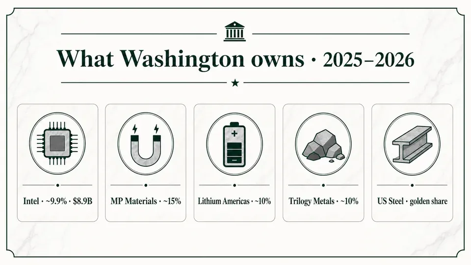 Infographic listing the five US government equity stakes: Intel, MP Materials, Lithium Americas, Trilogy Metals, and a US Steel golden share