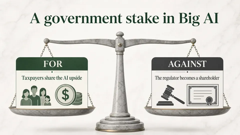 Balance-scale infographic weighing the benefit of taxpayers sharing AI upside against the conflict of a government regulator also being a shareholder