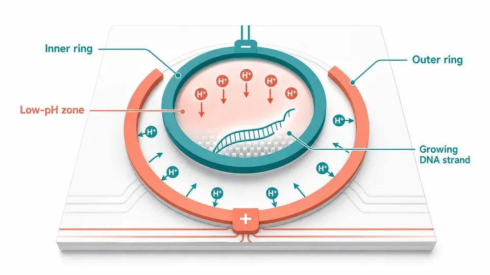 Cross-section diagram showing inner and outer electrode rings controlling pH for enzymatic DNA synthesis on a chip