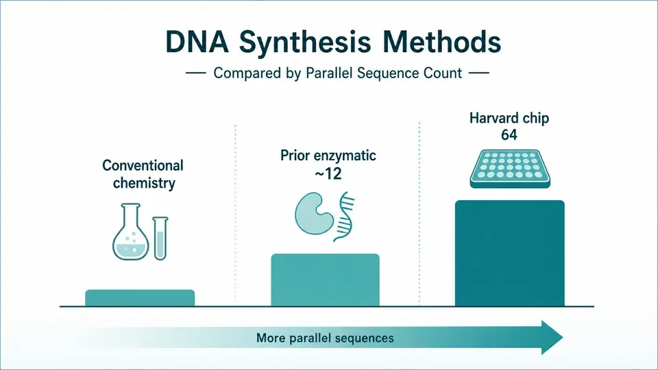 Chart comparing parallel DNA sequence counts across conventional, prior enzymatic, and Harvard chip synthesis methods