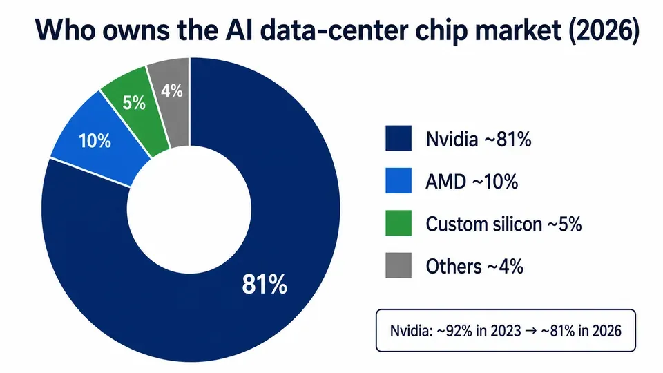 Donut chart of the 2026 AI data-center chip market showing Nvidia at about 81 percent, AMD 10 percent, and custom silicon like TPU and Trainium around 5 percent