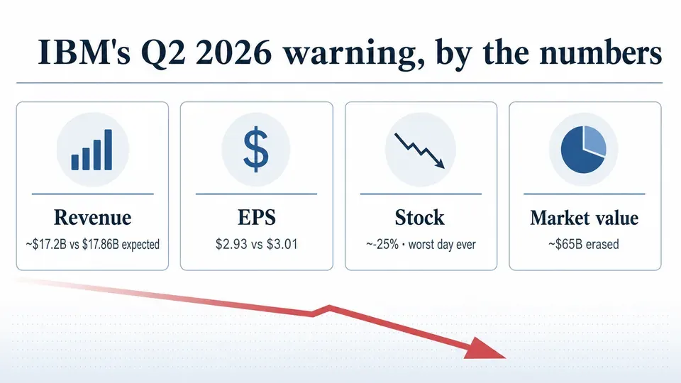 Infographic of IBM's Q2 2026 warning showing revenue of $17.2B versus $17.86B expected, EPS miss, a 25% stock drop, and $65B in market value erased
